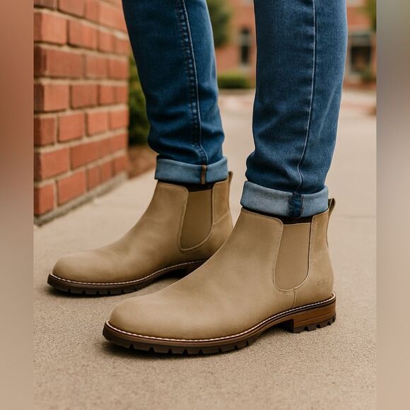 BKE Men’s Size 12 Leather Chelsea Boots Beige Tan Business Casual Workwear - Picture 1 of 10